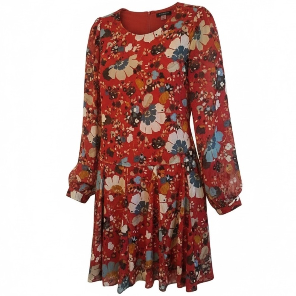 Tommy Hilfiger Rust Floral Drop‎ Waist Chiffon Dress Long Sleeve Size 10